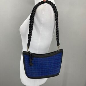 Baskets of Cambodia Blue Woven Straw Shoulder Bag Small Zipper Top
Natural